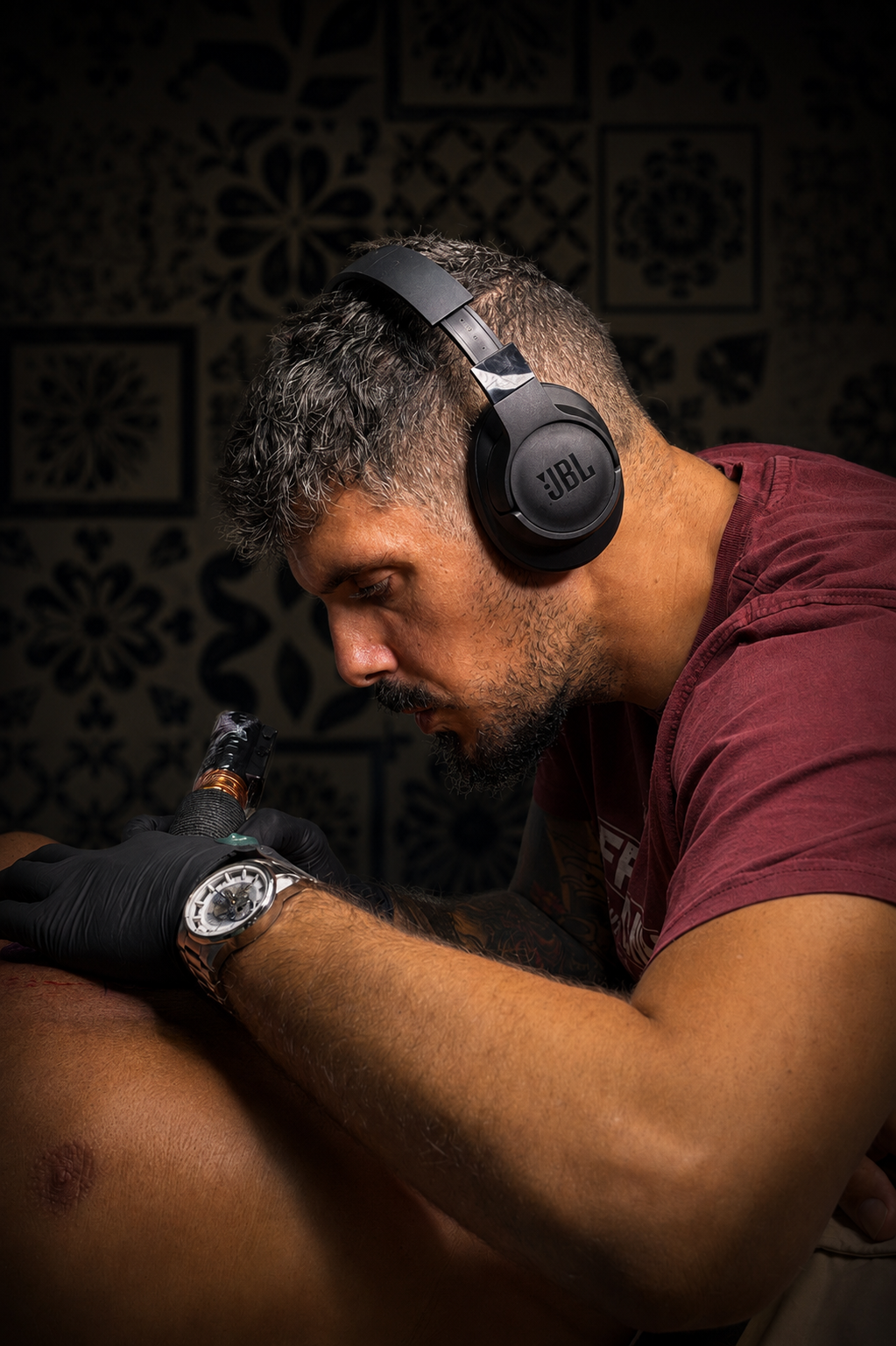 José Pestana tattooing a fine line tattoo in his Funchal studio, Madeira